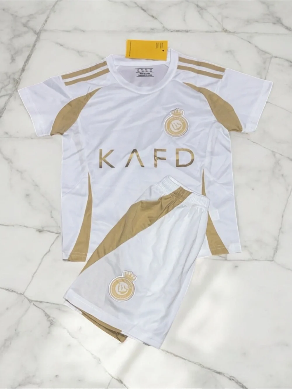 Cristiano Ronaldo #7 Al Nassr Kids White Gold Soccer Jersey Set XS-L-XL
